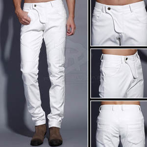 Pantalones de vaquero de cuero PU para hombre, precio al por mayor, ropa de moda de Otoño Invierno, pantalones de cuero en blanco sólido grueso de cintura alta - Product Image 3