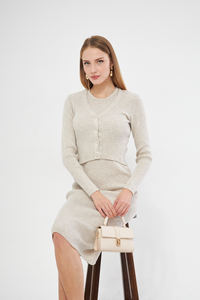 ชุดเดรสคาร์ดิแกนยาวปานกลางแบบมีกระดุมชุดเดรสถักมีสไตล์สำหรับใส่ทุกวันและสำนักงาน - Product Image 3