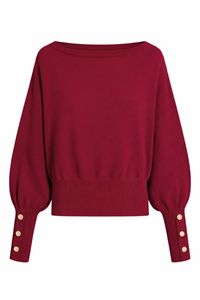 Pull en maille élégant pour femme à col bateau et manches chauve-souris - Haut ample côtelé chic avec poignets à boutons dorés - Product Image 3