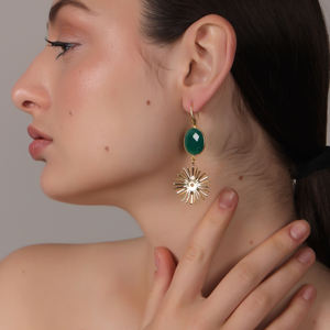 Boucles d'oreilles pendantes Dua pour femme, tendance, en onyx vert, laiton plaqué or 18 carats, bijoux élégants pour mariage - Product Image 5