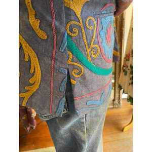 Mens Luxury Vintage <b>Nehru</b> Jacket Suzani Blue Velvet Embroidered Pattern Hooded Collar Water Proof XS Size for Spring Retail - Product Image 5