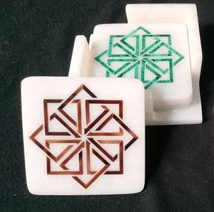 Round white marble <b>coasters</b> <b>with</b> floral mother of pearl inlay handmade natural stone drink <b>coaster</b> <b>set</b> <b>with</b> marble <b>holder</b> dining - Product Image 6