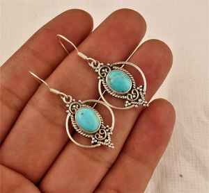 925แข็งสเตอริ่งชุบเงินสไตล์โบฮีเมียนทันสมัยพลอยเทอร์ควอยซ์สีฟ้าแบบฝาธรรมชาติต่างหูของขวัญคริสต์มาสที่ดีที่สุด - Product Image 5