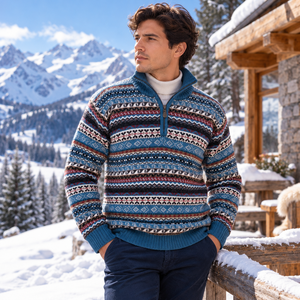 Pull en laine d'alpaga fine mélangée, motif géométrique multicolore, fermeture éclair, tricoté pour homme - Product Image 4