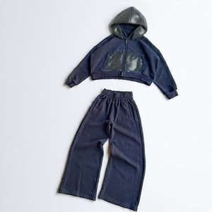 Diamantes de imitación de alta calidad de encargo de los hombres de peso pesado de algodón en blanco sólido Boxy recortado cremallera Sudadera con capucha y pantalones de chándal Jogger conjunto para los hombres - Product Image 1