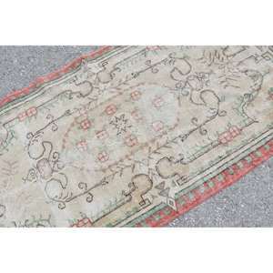 <b>Vintage</b> Large Area Turkish <b>Rug</b> 3.7 X 7.3ft Beige Red Kilim Style with Abstract Pattern Wool Material 10mm Thickness Latex Backed - Product Image 5