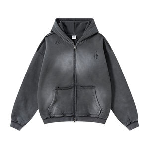 Men's Zip Up Hoodies <b>Y2k</b> Distressed Washed Oversize Cardigan Hoodie Plus Plush Tie-dye Fraying Hooded Sweatshirt Autumn Winter - Product Image 6