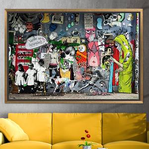 Stylish Abstract Graffiti Printed Canvas Artwork, Banksy Inspired Design,GOLD <b>FRAMED</b> CANVAS - Product Image 1