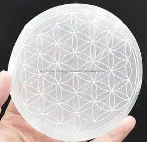 Wholesale Engraved Flower Of Life 3 Inch Selenite Charging Plate Selenite Cleansing Disc Crystal Grid Crystals Healing By OCA