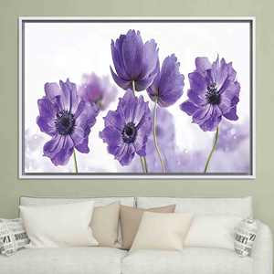 Printed Canvas Artwork: Purple Flower Canvas with Tempered Glass Wall Decor,WHITE <b>FRAMED</b> CANVAS - Product Image 1