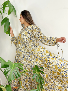 Maxi vestido de algodón puro Vintage Floral bloque sólido Bagru estampado indio verano terroso naturaleza diosa cómodo ecológico - Product Image 4