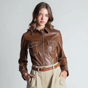 เสื้อผู้หญิงหนัง PU แขนยาวมีกระดุมหนังแท้ - Product Image 3