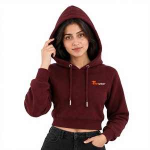 Sudadera con Capucha Corta Color Granate para Mujer, Tiierwear, Manga Larga, Color Sólido, Informal, Transpirable, de Algodón Tejido, para Otoño - Product Image 1
