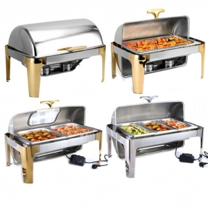 Chauffe-plat professionnel 9L en acier inoxydable avec couvercle roulant, double alimentation électrique et gaz, finition or/argent, pour traiteur, hôtels et buffets - Product Image 1