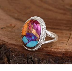 Pink Oyster Turquoise Oval Handmade <b>Ring</b> 925 Sterling Silver Boho <b>Statement</b> Jewelry Gift for Women - Product Image 3