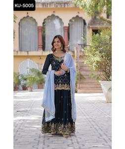 Ropa de boda india y pakistaní Faux Blooming con lentejuelas bordadas diseñador de trabajo Sharara traje con trabajo pesado Dupatta - Product Image 1
