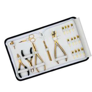 Kit d'outils pour extensions de cheveux dorées avec pince à micro-perles à trois trous et pince plate, outil de pose de perles à pression pour extensions à bandes, crochet et clips - Product Image 1