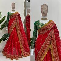 Saree en Georgette fantaisie traditionnelle indienne belles paillettes et bordure de travail en fil pour les fêtes de mariage