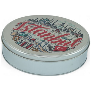 Boîte ronde en étain argentée mate de qualité alimentaire, personnalisée, imprimée, diamètre 215 x hauteur 55 mm, Kontensan Turquie - Product Image 1