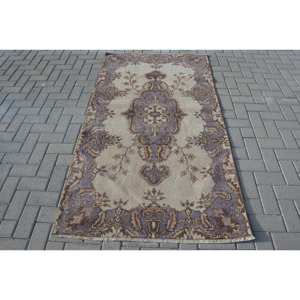 Alfombra turca Vintage de 3,6x6,5 pies, Beige, púrpura, estilo clásico, diseño de retazos, Material de lana, látex, decoración de área grande para adolescentes - Product Image 1
