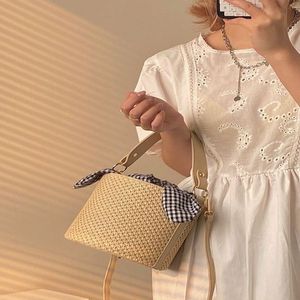 Cylinder Design Handmade Natural Rattan <b>Handbags</b> Two Layers with Bow for Women Daily Use and Beach Summer Travel - Product Image 2