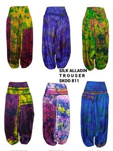 Pantalon Boho en soie Tie-Dye Aladdin pour femmes à la mode coupe ample avec ourlet à volants et taille mi-élastique Design fluide léger - Product Image 2