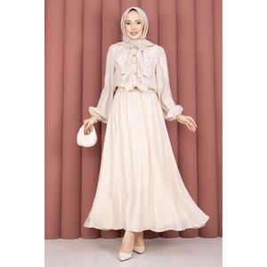 Conjunto Femenino Elegante y Discreto de Manga Larga Transpirable en Color Beige con Falda con Volantes en la Parte Delantera para Todas las Temporadas - Product Image 5