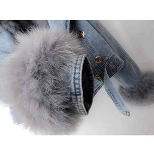 <b>Womens</b> Fashion <b>Light</b> <b>Blue</b> Denim Jacket Grey Faux Fur Trim Thick Warm Winter <b>Jean</b> Coat Cropped Biker Style Padded Outerwear - Product Image 2