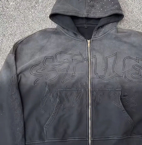 Fabricant personnalisé délavé à l'acide Vintage strass fermeture éclair appliques broderie soleil fané hommes en détresse fermeture éclair à capuche pour hommes - Product Image 3