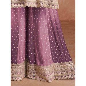 Conjunto de Traje Femenino Chinon, Sharara Salwar Morado Bordado con Adornos Encantadores - Product Image 1