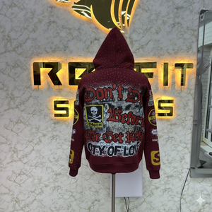 Fabricant de premier plan, nouveau style, sweat à capuche personnalisé avec fermeture éclair, veste à fermeture éclair avec strass, lavage à l'acide, vintage, lavé, sweat à capuche en molleton pour homme, streetwear - Product Image 3