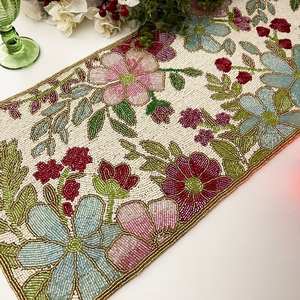 2025 Latest Unique Floral Desig Colorful Beaded Decorative <b>Table</b> <b>Runner</b> Fashionable Satin Cotton Lining - Product Image 1