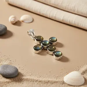 Handmade 925 Silver <b>Labradorite</b> Cross Pendant with Rose Gold Accents Women's Gemstone <b>Jewelry</b> Featuring Platinum Gold Charms - Product Image 2