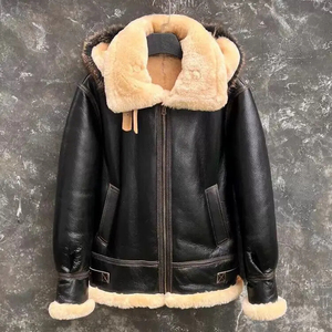 Veste bomber pilote en cuir d'agneau véritable pour homme, taille XS, mode hiver 2025, doublure en laine épaisse, capuche en fourrure véritable - Product Image 3
