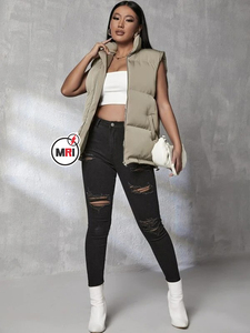 Women's Lightweight Cotton Puffer <b>Waistcoat</b> Breathable Canvas Winter Jacket with Stand Collar Button Decoration for Outer Wear - Product Image 5