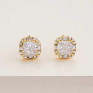 Vintage 92.5 <b>Silver</b> <b>Stud</b> <b>Earrings</b> with 14K Gold Bezel Setting Diamond Inlay Gold Plating Trendy Geometric Design for Engagement - Product Image 2