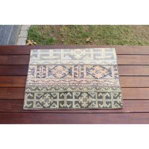 Alfombra Vintage de 1.7x2.3 pies, Alfombra Turca Pequeña, Alfombra Azul Gris Sólida - Product Image 1