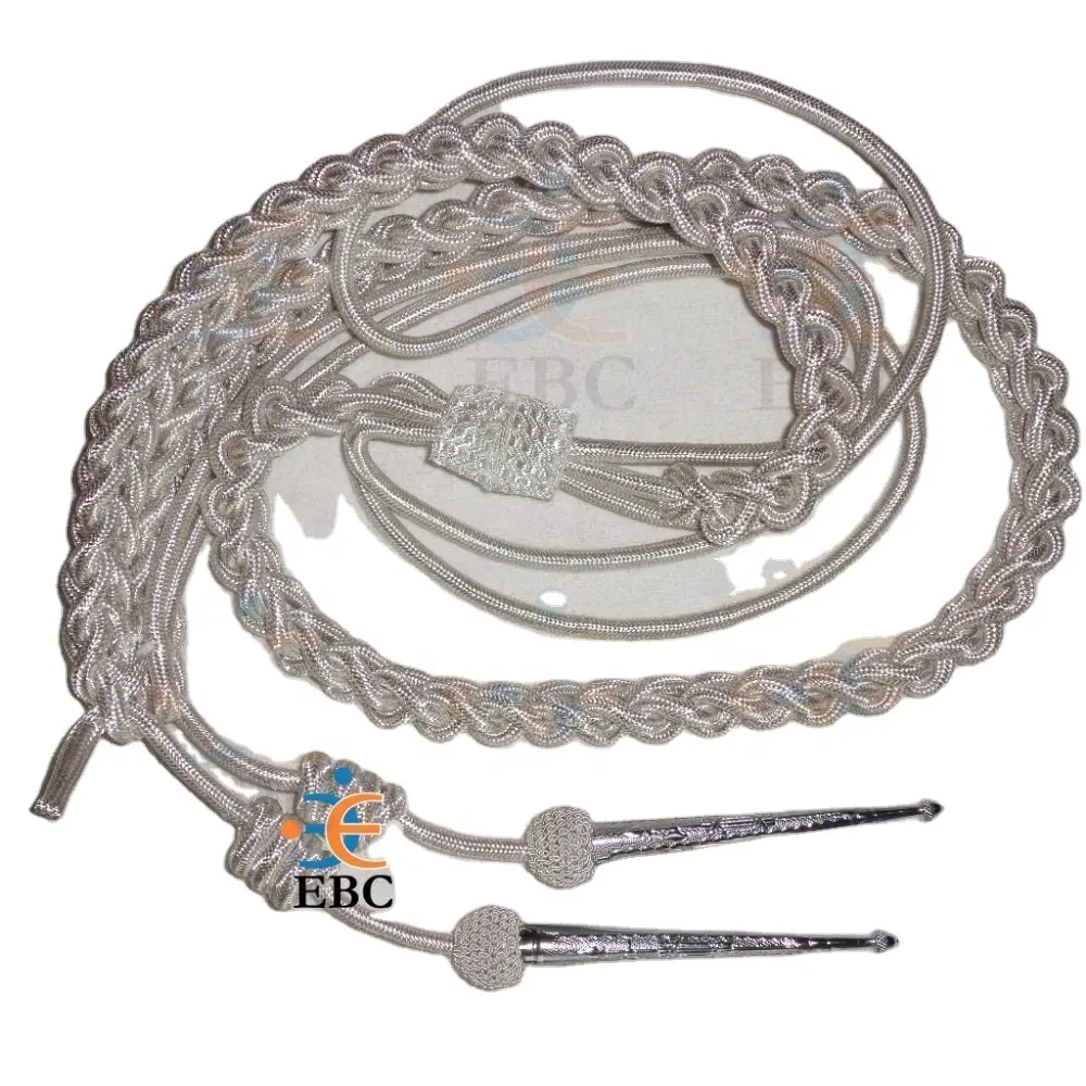 OEM Service Uniform Silver Bullion Wire Aiguillettes with Silver Chrome Metal Alloy Tips by Export Belt Corporation