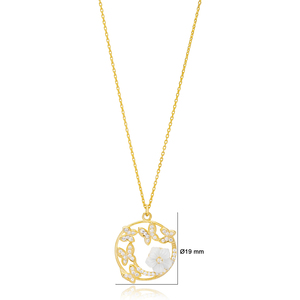 Round Shape Butterfly White Enamel Flower Design Zircon Stone Charm Necklace Turkish Handmade 925 Sterling Silver Jewelry - Product Image 3