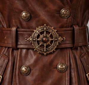 Women Leather Trench Coat With <b>Vintage</b> Belt And <b>Button</b> Design - Product Image 3