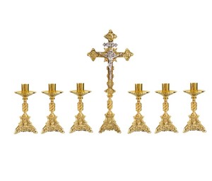 Juego de altar de metal dorado con candelabros y suministros cruzados para la Iglesia para la decoración del altar, adoración de oración y uso de ceremonias religiosas - Product Image 5