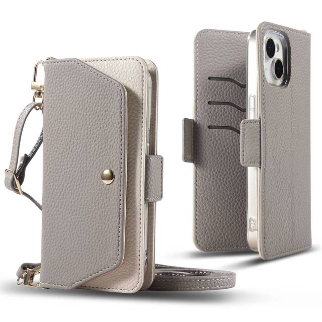Premium PU Leather Wallet Crossbody Phone Case with Mirror & Detachable Strap for 15 Pro Max Plus