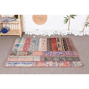 Vintage Turkish Bohemian Red Blue <b>Rug</b> 3.6 X 4.2ft <b>Large</b> Area Patchwork Design Wool with Latex Backing for Hallway or <b>Bedroom</b> - Product Image 1