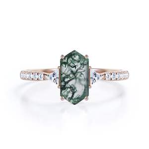 Clásico de moda 1,15 quilates hexágono musgo ágata moissanita anillo de compromiso rodio plateado grabado trilogía para boda fiesta mujeres - Product Image 4