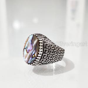 Bague en argent sterling 925 pour homme, avec coquille d'ormeau naturelle et pierre de naissance, toutes tailles, cadeau d'anniversaire arabe, vente en gros - Product Image 2