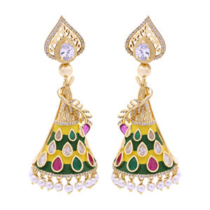 <b>Antique</b> AD-inspired <b>Gold</b> Plated Brass Jumki Earrings Elegant Luxury Artificial Wedding Pearl Fashionable Dangle Design Direct - Product Image 2