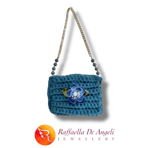 Sac à bandoulière en coton crocheté fait main Printemps Été Sangle unique Boutons Fleurs Motif géométrique Bleu sarcelle 60cm Italie - Product Image 2