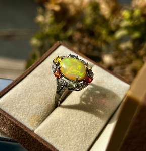 Anillo de Cóctel Minimalista de Plata de Ley 925 con Ópalo Etíope Natural, Zafiro Multicolor y Diamante, Chapado en Rodio, para Aniversario o Fiesta - Product Image 5