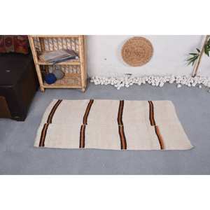 复古传统羊毛地毯米色和棕色条纹 (2,2X4,3英尺) 拼接图案，乳胶背衬 - Product Image 1