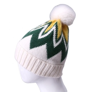 Winter Women's Custom <b>Wool</b> Ski Cap Mixed Color Knitted Stripe Pattern Faux Fur Pompon Cute Cuff <b>Beanie</b> for Performance Cycling - Product Image 6